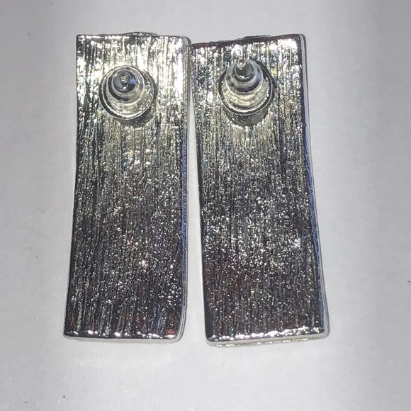 Vintage Geometric Silver Tone and Tan Green Enamel Boho Retro Earrings - Picture 6 of 6